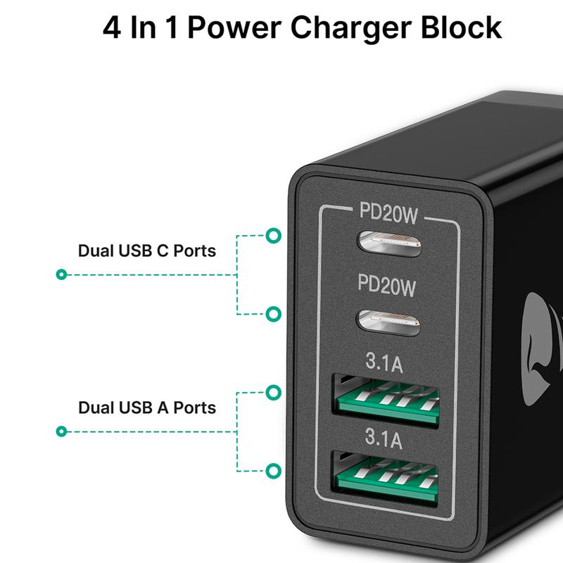 Aioneus 4 in 1 Wall Charger, 40W Fast Travel Charger Block, 4-Port PD Power Adapter + QC Wall Plug Multiport Type C Charging Block Cube