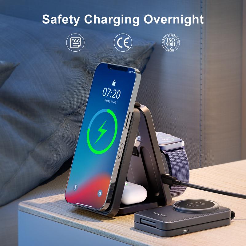 3 in 1 Wireless Charging Station Fits for Magsafe Charger Stand, KIXUNY Charging Station for Apple Multiple Devices, Foldable Wireless Charger for iPhone15-12 AirPods Apple Watch(Adapter Included)