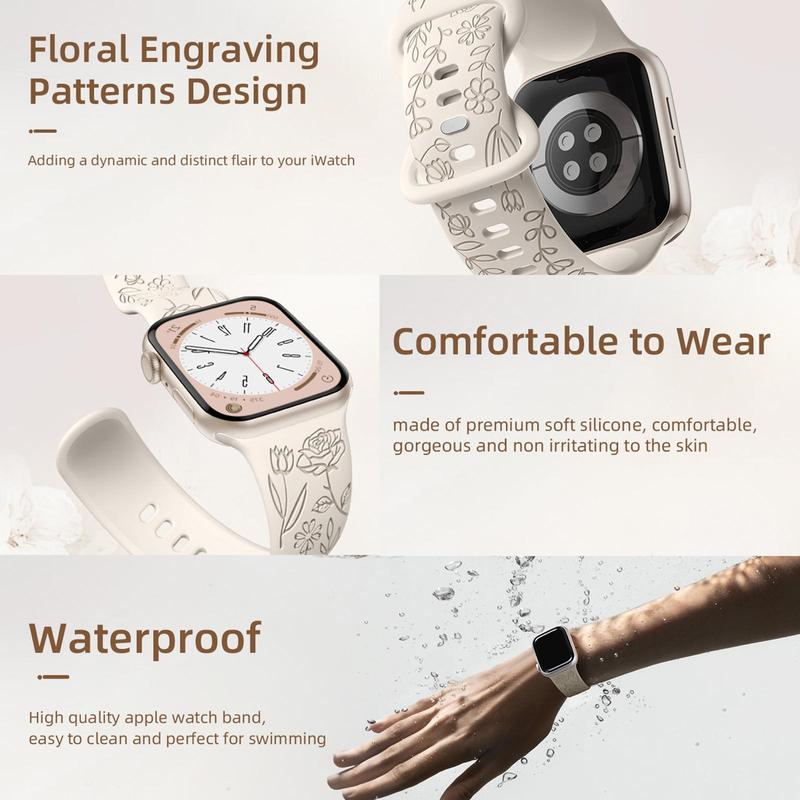 Flower Engraved Watch Band, 6 Counts Soft Silicone Watch Band for Women, Wearable Accessories Compatible with iWatch Series Ultra Ultra 2 SE 9 8 7 6 5 4 3 2 1