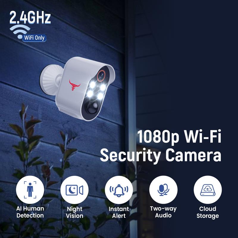 Wireless Security Camera with AI Human Detection, PIR Motion Detect, Night Vision Security Camera, 2-way Talk, Cloud Storage Service, Rechargeable Battery Included, Wi-Fi Camera, Wireless Camera, Battery Camera for Home Security, IP Camera Outdoor, 2.4GHz