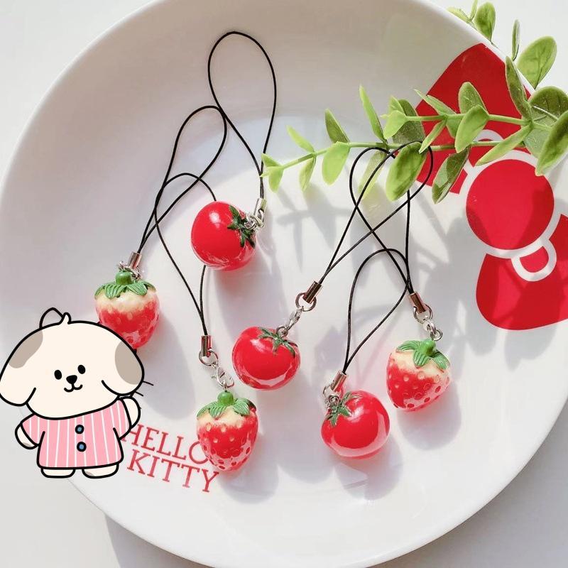 Cute Strawberry & Tomato Design Phone Chain, 3 Counts pack Phone Lanyard, Phone Strap for Women & Girls, Mobile Phone Decoration Accessories