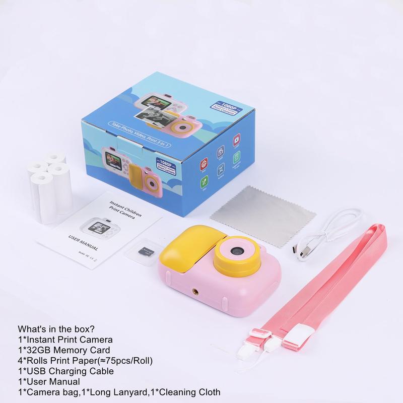 Mini Instant Print Camera, 1 Count 1080P Selfie Digital Camera with 4 Rolls Print Paper & 32GB Card, Durable Mini Camera, Video & Instant Print Camera Gift for Girls Boys 3-12 Years Old