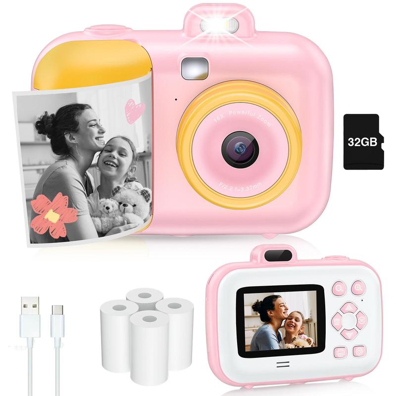 Mini Instant Print Camera, 1 Count 1080P Selfie Digital Camera with 4 Rolls Print Paper & 32GB Card, Durable Mini Camera, Video & Instant Print Camera Gift for Girls Boys 3-12 Years Old