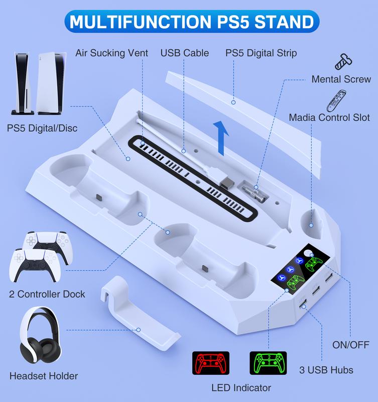 PS5 Stand and Cooling Station with RGB LED Controller Charging Station for PlayStation 5 Console, PS5 Controller Charger, PS5 Accessories with 3 Level Cooling Fan