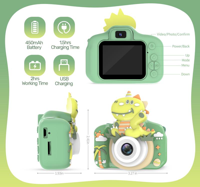 Dinosaur Digital Camera Toys ,1 Piece USB Rechargeable Camera With  Lanyard & Memory Card Reader for The Little Ones Christmas or Birthday Gifts