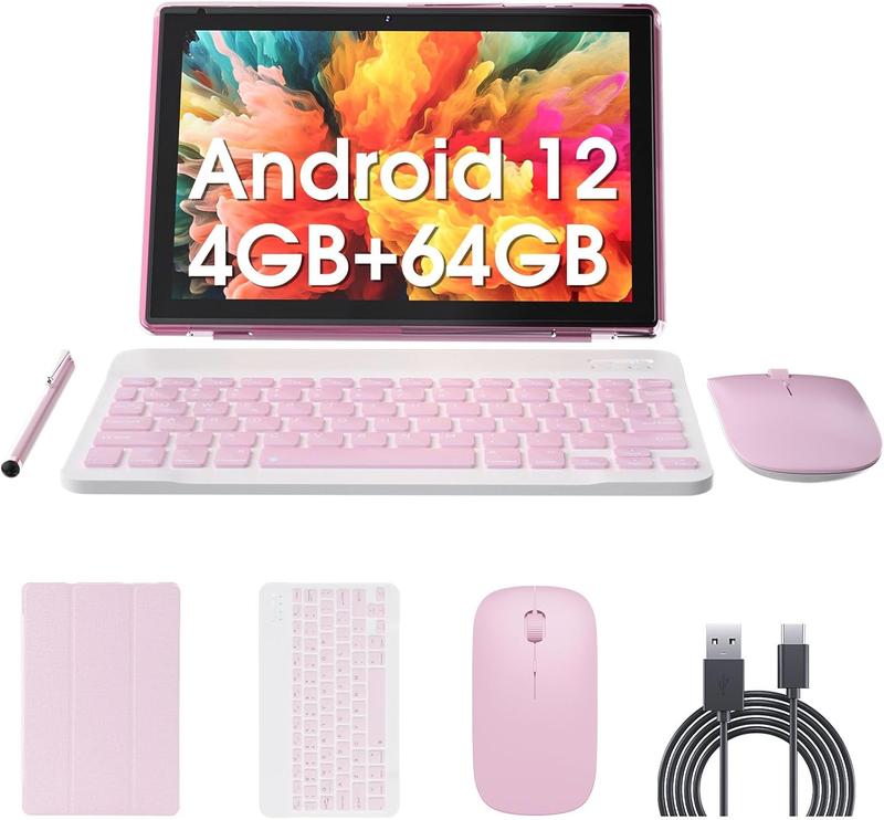 10 inch Android 12 Tablet with Keyboard, 2 in 1 Tablets Set Include Case Mouse Stylus Film, 4GB RAM+64GB ROM, Quad Core 10.1'' Tab, 6000mAh Battery, 8MP Dual Camera,  GMS Certification Tableta Card Expandable Card Expandable