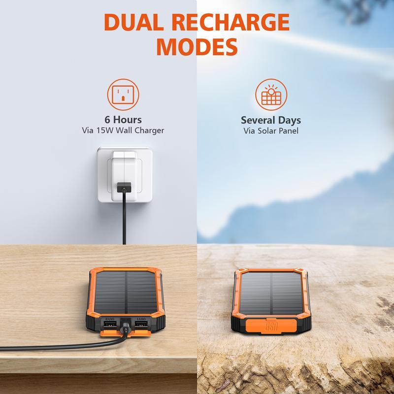 2-USB Ports Solar Power Bank, Wireless Solar Portable Charger for iPhone Huawei Phone, Wireless Solar Phone Charger with LED Light Flashlight, Mobile Charging Device, Smartphone Chargeable Accessories, Back to School