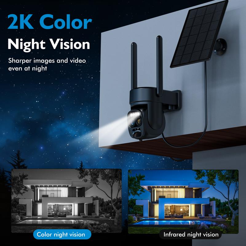 Solar Security Wireless Outdoor Camera, 10x Zoom, 360° Low Power CCTV Solar Panel, 2K Resolution WiFi, Battery Powered Camera with Spotlight Siren, Color Night Vision, Two-Way Audio and IP66 Waterproof Motion Detection