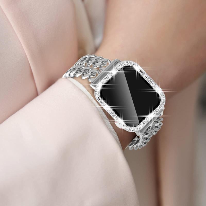 Rhinestone Decor Watch Band & Bracelet & 2 Case Set, Stainless Steel Replacement Watch Band, Fashion Wearable Accessories Compatible with Apple Watch Series 4 5 6 se se2