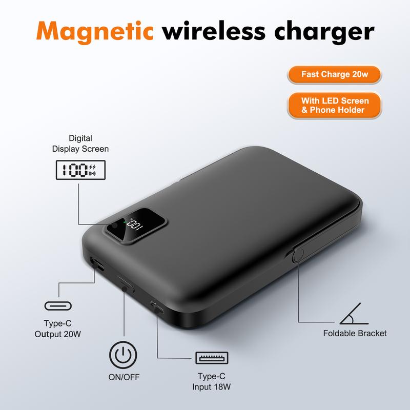 Magnetic Power Bank, 10000mAh Foldable Wireless Portable Charger with Type-C Cable LED Display, Foldable Stand Mag-Safe Battery Pack Fast Charging for iPhone 16 15 14 13 12 Pro Pro Max Plus Mini power bank wireless charger Super Fast chargers