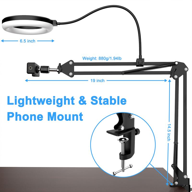 Overhead Phone Mount with Ring Light | 6'' Adjustable Arm for iPhone and Webcam | Perfect for YouTube Live, Cooking, and Selfie Videos