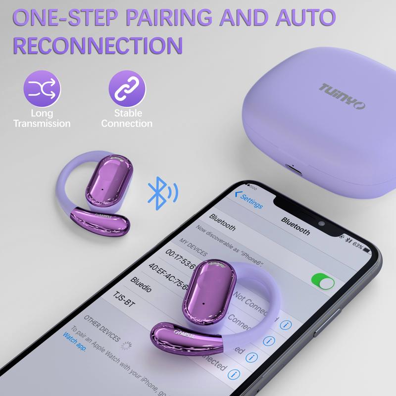 TUINYO S12 True Wireless Ear Hooks, IPX5 Waterproof, Stable One-Step Bluetooth Connection with Long transmission, 40hrs Longed Standby Time with 10hrs Playtime for Each, Compatible to Different Devices