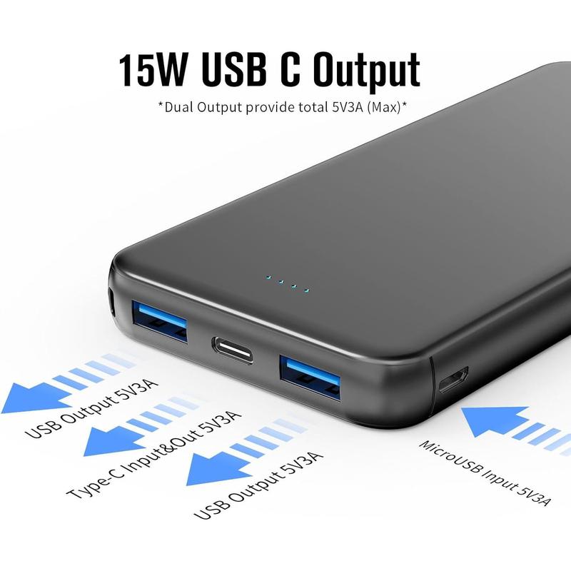 Portable Charger Power Bank, 3A Fast Charging 10000mAh External Battery, 3-Ports USB-C in&Out Battery Pack for iPhone 15 14 13 12 Series, Samsung, Phones and More(Black)