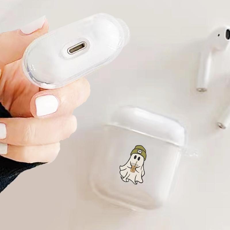 Cute Ghost with Drink Minimalist Design Earphones Case with Hiking Buckle, Shockproof, Anti-Fall TPU Cover for AirPods 1 2, 3, Pro, Pro2, Perfect Gift for Birthday, Girlfriend, Boyfriend, Friend or Yourself