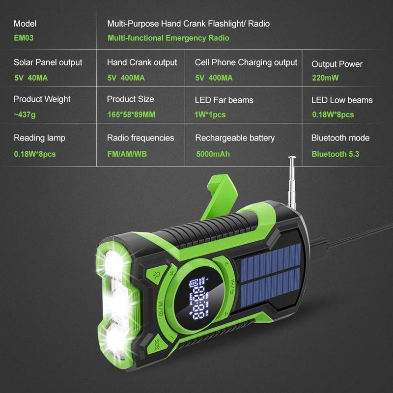 Solar Powered 5000mAh Radio, Waterproof Emergency Radio with Solar Panel, Portable Hand Crank Radio with Power Bank Function for Outdoor Camping Hiking