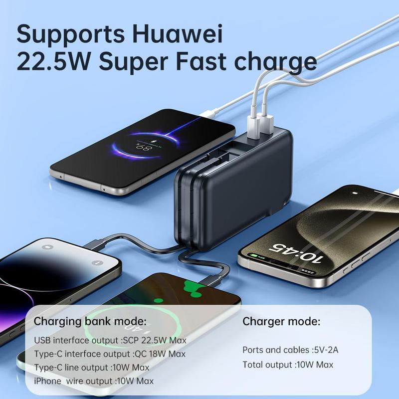 Portable Power Bank with US Standard Plug for Music Festival, 10000mAh Mobile Charger with 2 Wire Output Cables, Built-in SCP22.5W QC4.0+PD20W Fast Charging, Suitable for iPhone Android, Phone Accessories