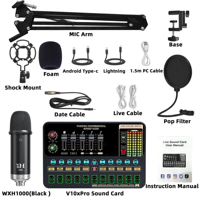 Professional Studio Condenser Microphone,Podcast Microphone Sound Card Kit & V10XPRO Live Mixer Voice Changer Audio Interface Audio Mixer for Singing Gaming Recording Streaming YouTube PC