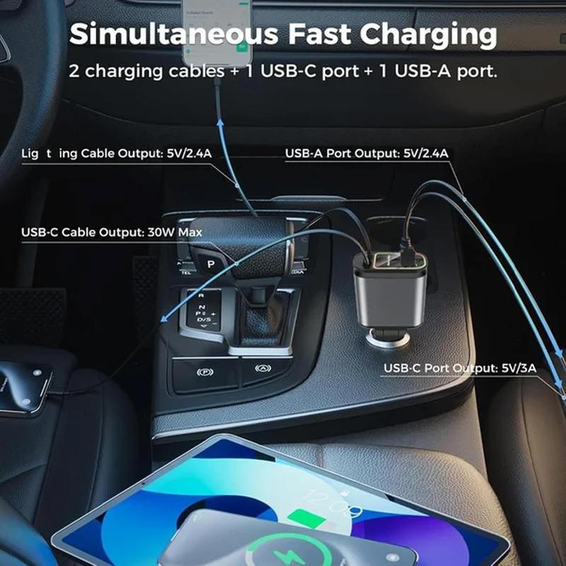 LASATE 4-in-1 Retractable Car Charger with Starlight Roof, Quick Charge with Lightning and Dual Charger Ports for iPhone Android iPad Cell Phones Starry Led Charging Starry Cellphone Electronic