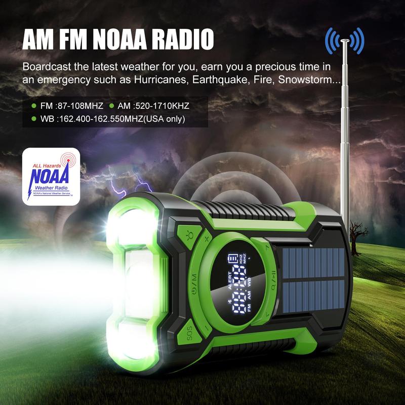 Solar Powered 5000mAh Radio, Waterproof Emergency Radio with Solar Panel, Portable Hand Crank Radio with Power Bank Function for Outdoor Camping Hiking