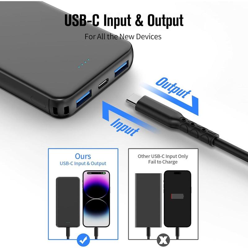 Portable Charger Power Bank, 3A Fast Charging 10000mAh External Battery, 3-Ports USB-C in&Out Battery Pack for iPhone 15 14 13 12 Series, Samsung, Phones and More(Black)