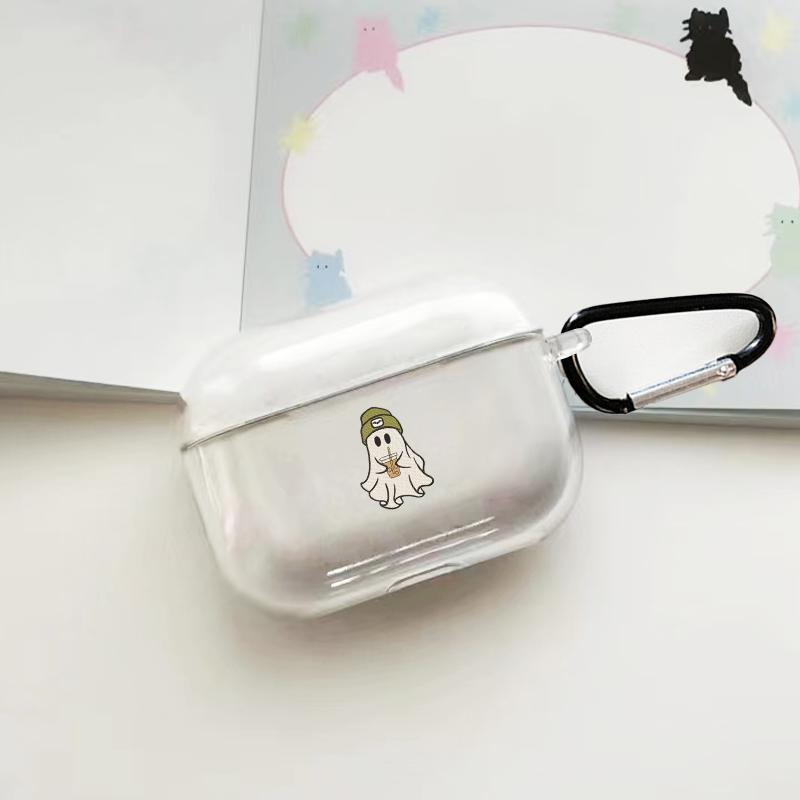 Cute Ghost with Drink Minimalist Design Earphones Case with Hiking Buckle, Shockproof, Anti-Fall TPU Cover for AirPods 1 2, 3, Pro, Pro2, Perfect Gift for Birthday, Girlfriend, Boyfriend, Friend or Yourself