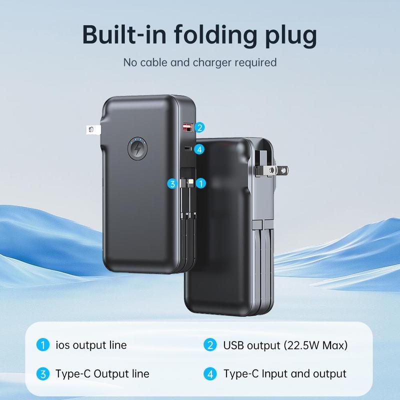 Portable Power Bank with US Standard Plug for Music Festival, 10000mAh Mobile Charger with 2 Wire Output Cables, Built-in SCP22.5W QC4.0+PD20W Fast Charging, Suitable for iPhone Android, Phone Accessories