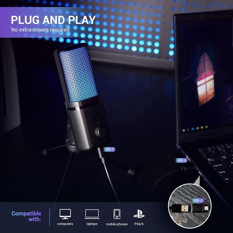 M160 Gaming USB Microphone, RGB Condenser Microphone with Tripod, Volume Adjustment and Mute Button Function, Compatible with PC, Laptop, for Gaming, Podcasting, Streaming, YouTube