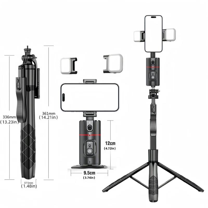 AI Face Recognition Phone Tripod for iPhone or Android - Cellphone Selfie Stick Gimbal - Smartphone with 360 degree rotation, adjustable height, easy storage, lighting for the perfect lighting in any location