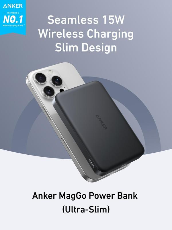 Anker MagGo Power Bank, Ultra-Slim 10,000mAh Magnetic Battery Pack, Qi2 Certified 15W, Compatible For iPhone