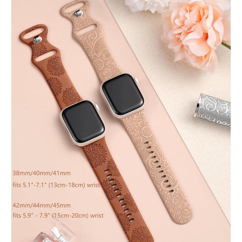 Floral Pattern Watch Band for iWatch (Band Only), 2 Counts Silicone Replacement Watchband Compatible with iWatch Bandfor Women Girl, Cute Fancy Laser Watch Band