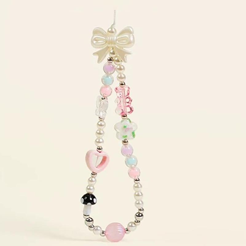 Cute Flower Beaded Phone Chain, Bow Decor Phone Lanyard, Phone Strap for Women & Girls, Fashion Phone Accessories for Daily Use, Phone Charm