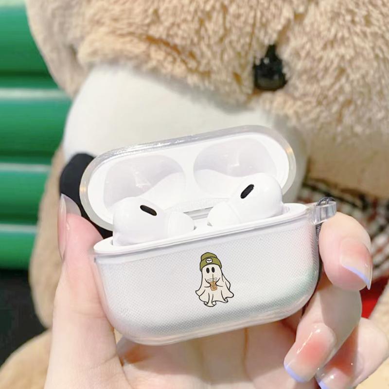 Cute Ghost with Drink Minimalist Design Earphones Case with Hiking Buckle, Shockproof, Anti-Fall TPU Cover for AirPods 1 2, 3, Pro, Pro2, Perfect Gift for Birthday, Girlfriend, Boyfriend, Friend or Yourself