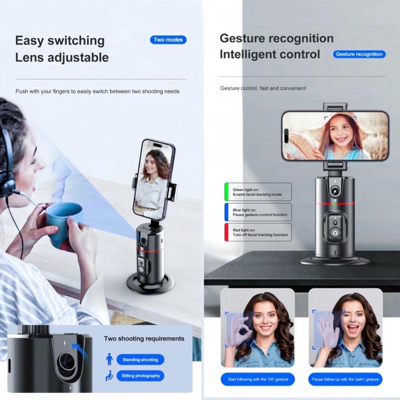 AI Face Recognition Phone Tripod for iPhone or Android - Cellphone Selfie Stick Gimbal - Smartphone with 360 degree rotation, adjustable height, easy storage, lighting for the perfect lighting in any location