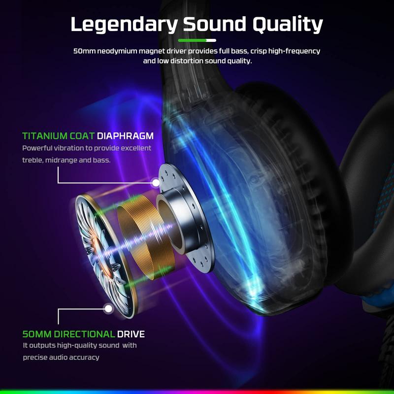 FC100 Stereo Surround Sound Quality Gaming Headset - Surround Sound Quality with Responsive 50mm Dual Neodymium Audio Drivers with Microphone for PS4 PS5 PC Nintendo Switch, Xbox One, RGB Light, Gamer Headset with Mic Earphones Headphone Earbud Electronic