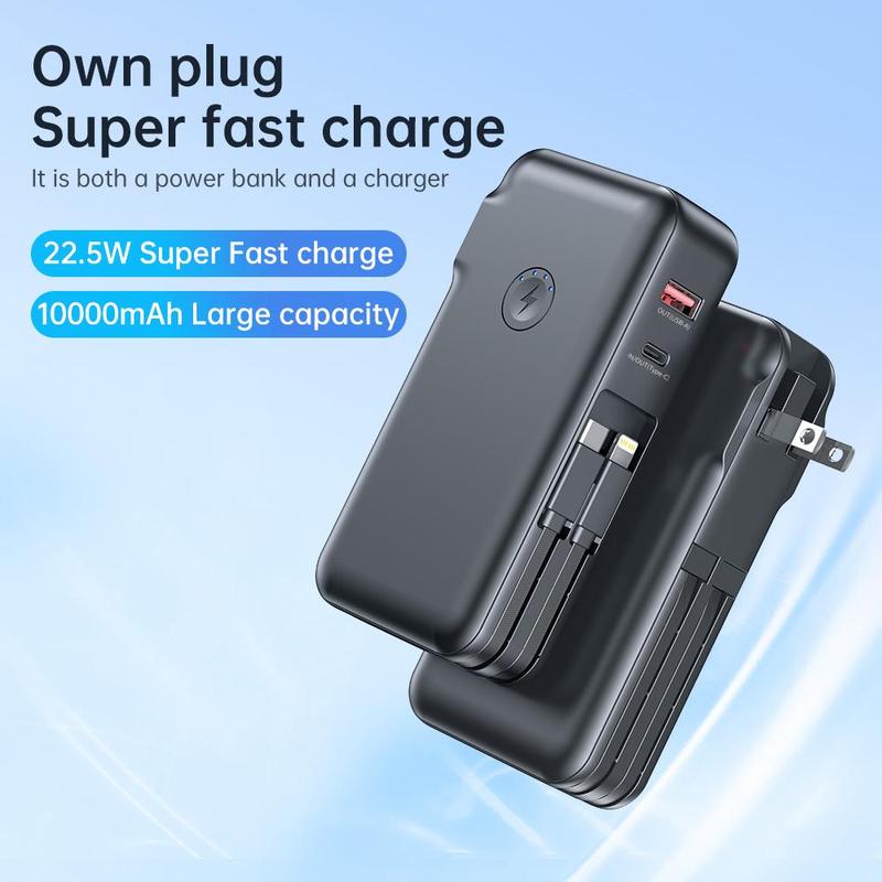 Portable Power Bank with US Standard Plug for Music Festival, 10000mAh Mobile Charger with 2 Wire Output Cables, Built-in SCP22.5W QC4.0+PD20W Fast Charging, Suitable for iPhone Android, Phone Accessories