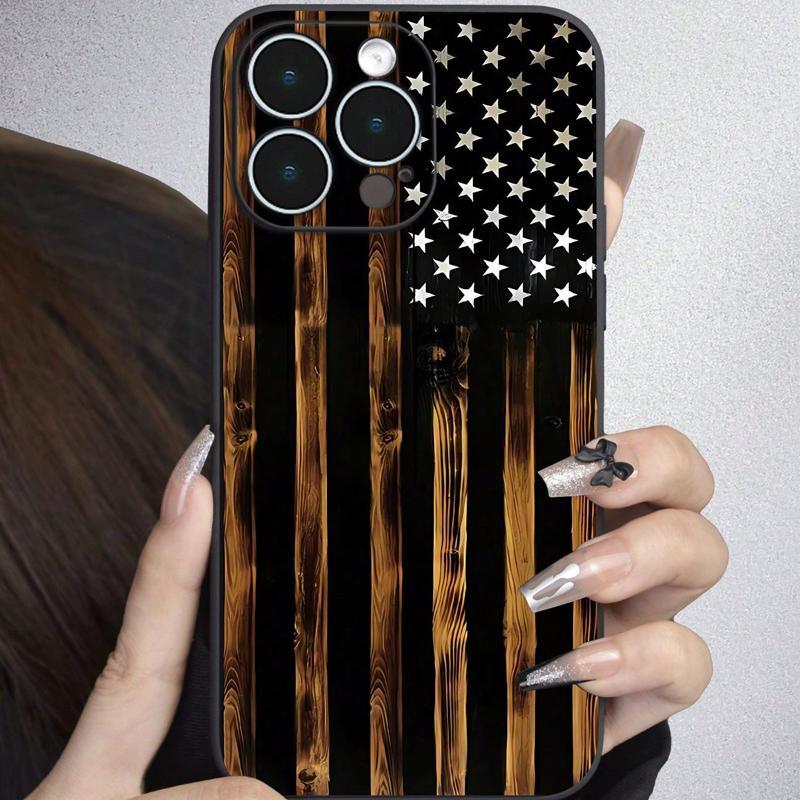 Wood Grain & American Flag Pattern Phone Case, Anti-drop Shockproof Phone Protective Cover, Phone Accessory Compatible with iPhone