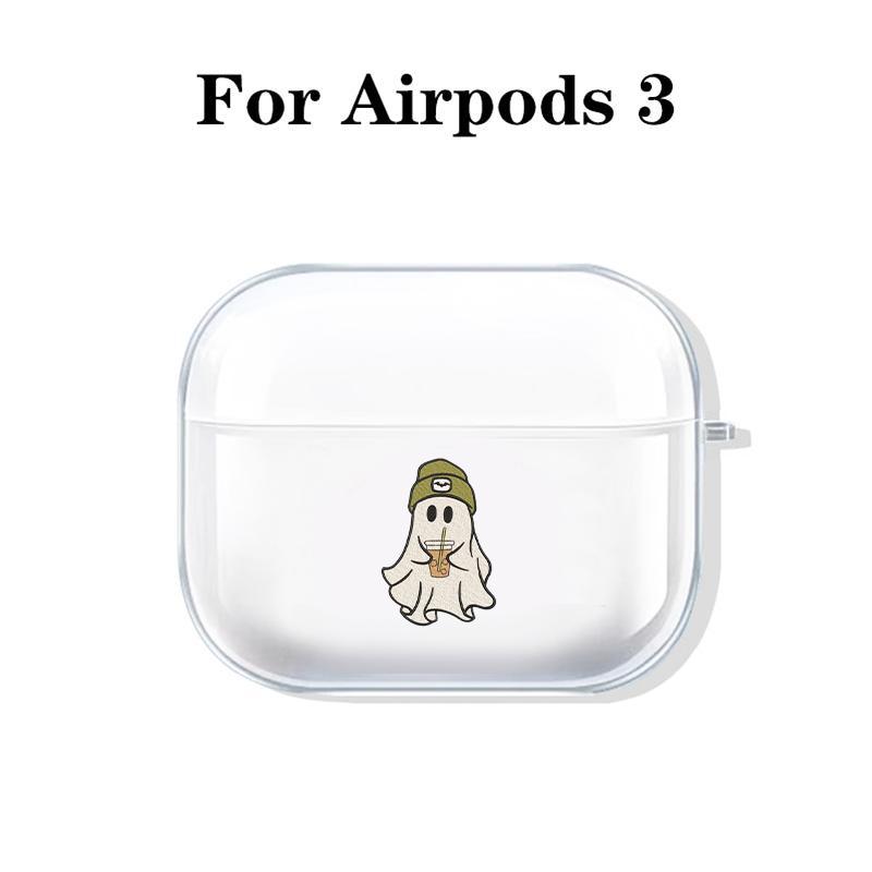 Cute Ghost with Drink Minimalist Design Earphones Case with Hiking Buckle, Shockproof, Anti-Fall TPU Cover for AirPods 1 2, 3, Pro, Pro2, Perfect Gift for Birthday, Girlfriend, Boyfriend, Friend or Yourself