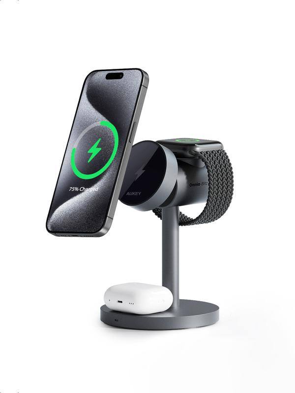 AUKEY LC-MC311 Magnetic Qi2 15W Wireless Charging Station 3 in 1 Adjustable Angle Charger For iPhone Apple Watch AirPods