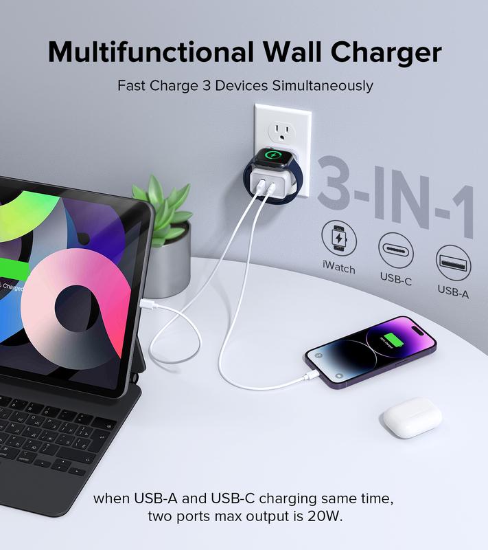 20W for Apple Watch Charger, Multiport PD Fast Charger Block, USB C Wall Power Adapter iPhone 11 12 13 14 15 Pro Max, XS XR X, Ipad Pro, Samsung Galaxy & More (White) (HNT-PD2008) android charger