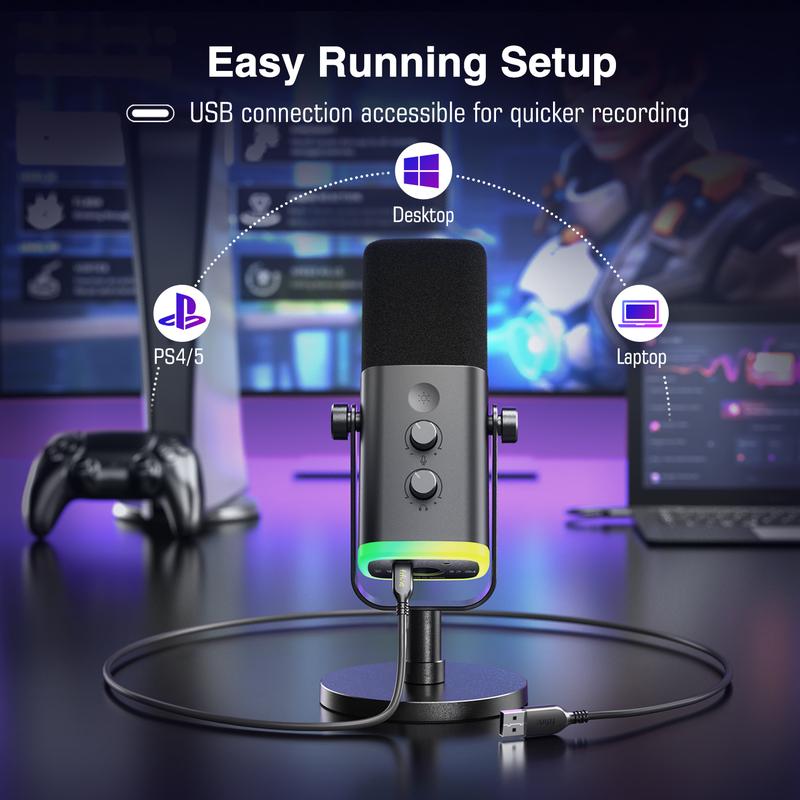 Fifine AM8 XLR USB Gaming Microphone for Podcast Recording, Dynamic RGB Microphone with Quick Mute, headphone jack, Gain Knob, Volume Control, Desktop Computer Mic for PC Gamer Audio Smartphone