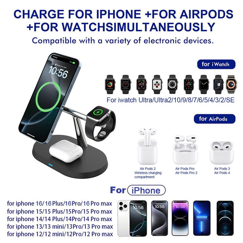 FDGAO 3 in 1 15W Magnetic Wireless Charger, Multifunctional Fast Charging Station, Wireless Charging Stand for iPhone 16 15 14 13 12 Airpods Pro Apple Watch 10 9 8 SE 7 6 5 4 3 2