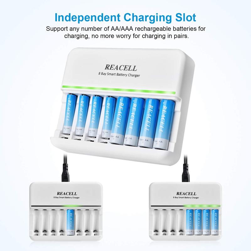 8 Slots AA AAA Battery Charger, 8 Bays Individual Fast AC Charger for Ni-MH Ni-CD AA AAA Rechargeable Battery