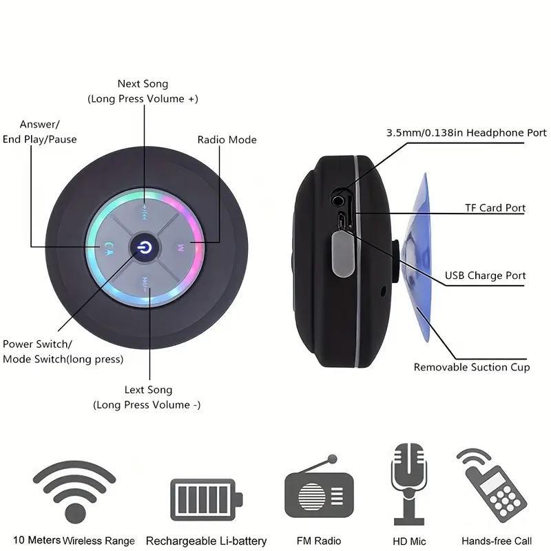 Waterproof Speaker, USB Rechargeable Portable Speaker with Suction Cup, Wireless Bluetooth-compatible Speaker for Bathroom, Kitchen, Home & Office