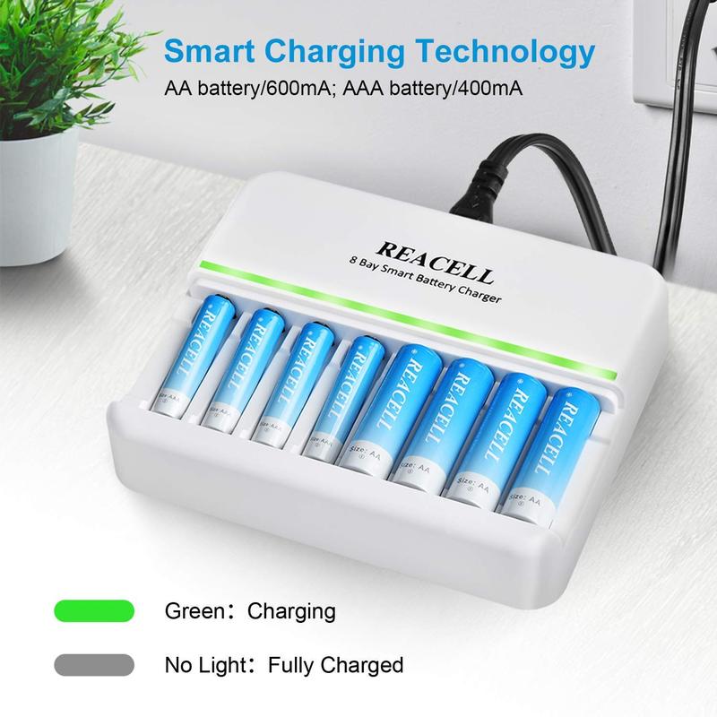 8 Slots AA AAA Battery Charger, 8 Bays Individual Fast AC Charger for Ni-MH Ni-CD AA AAA Rechargeable Battery