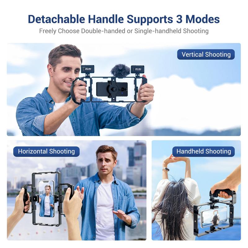 Universal Handheld Video Stabilizer with Wireless Remote Shutter, Video Stabilizer with Cold Shoe Phone Cage Video Rig Kit, Phone Accessories Compatible with iPhone Android, Stocking Fillers Gift