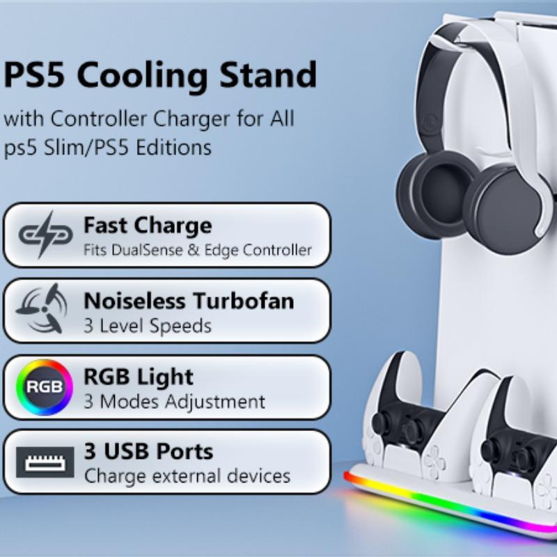 Multifunctional Cooling Stand for PS5 Slim, Multipurpose Cooling Fan Base with Headphone Holder, Console Accessories for PS5 Slim