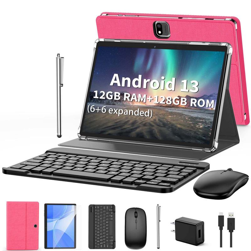 PYNAREL 10.1inch 12(6+6)GB+128GB, 1TB Expand, Octa Core, 2 in 1 Android Tablet with Keyboard, with Case, Mouse, Stylus, 2.4G 5G WiFi, GMS Certified