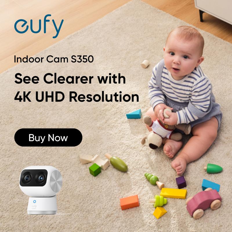 eufy Security Indoor Cam S350, Dual Cameras, 4K UHD Resolution Security Camera with 8× Zoom and 360° PTZ, Human Pet AI, Ideal for Baby Monitor Pet Camera Home Security, Dual-Band Wi-Fi 6, Plug in