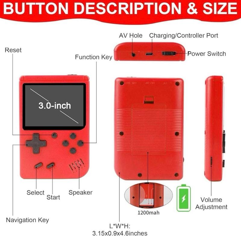 Retro Gaming Console, Handheld Game Console with 500 Classical Games Portable Hand Held Video Game Pocket Console for Kids & Adult Two Players Support for TV Cable Compact Connection Electronic Rechargeable Screen Protection