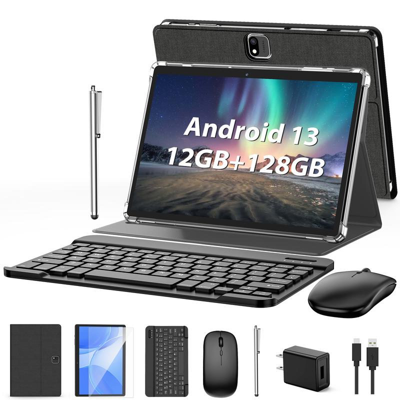 PYNAREL 10.1inch 12(6+6)GB+128GB, 1TB Expand, Octa Core, 2 in 1 Android Tablet with Keyboard, with Case, Mouse, Stylus, 2.4G 5G WiFi, GMS Certified